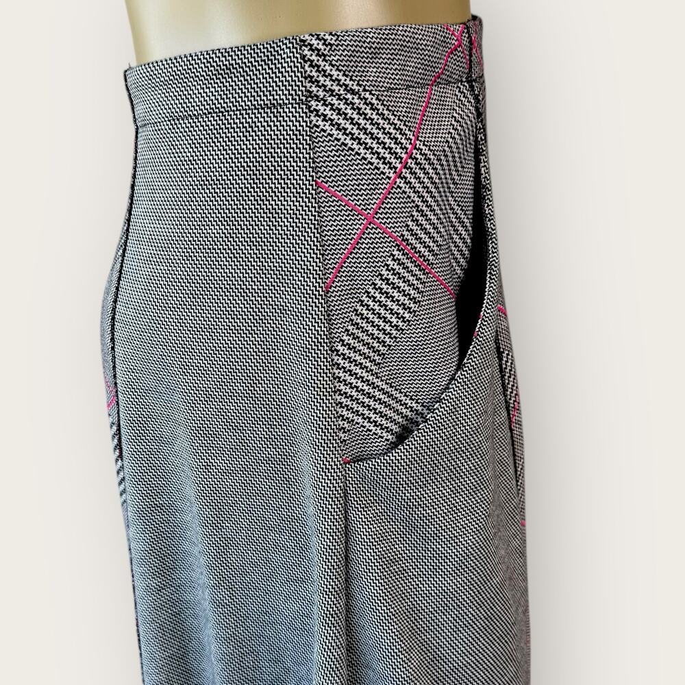 Cato Plaid Flare Midi Skirt Size M Gray Pink High Low Stretchy Ponte Knit Pullon - Picture 7 of 13